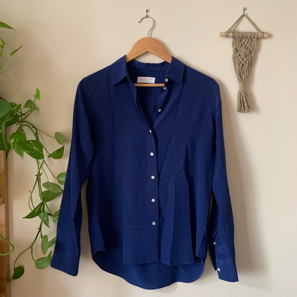 Everlane 100% Silk Navy/Royal Blue Button-Down Shirt size 2
